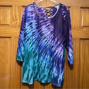 Catherine’s Aqua & Purple Tie Dye Top Size 2X NWT